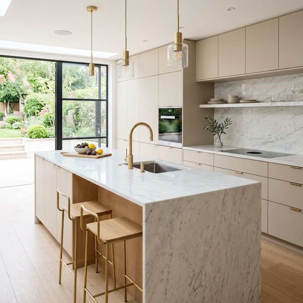Cocina moderna minimalista con mármol blanco e iluminación natural, limpieza profunda Restauración Vital Kora