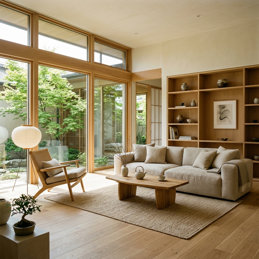 Sala de estar impecable de estilo minimalista Japandi, mantenimiento recurrente Método Kora